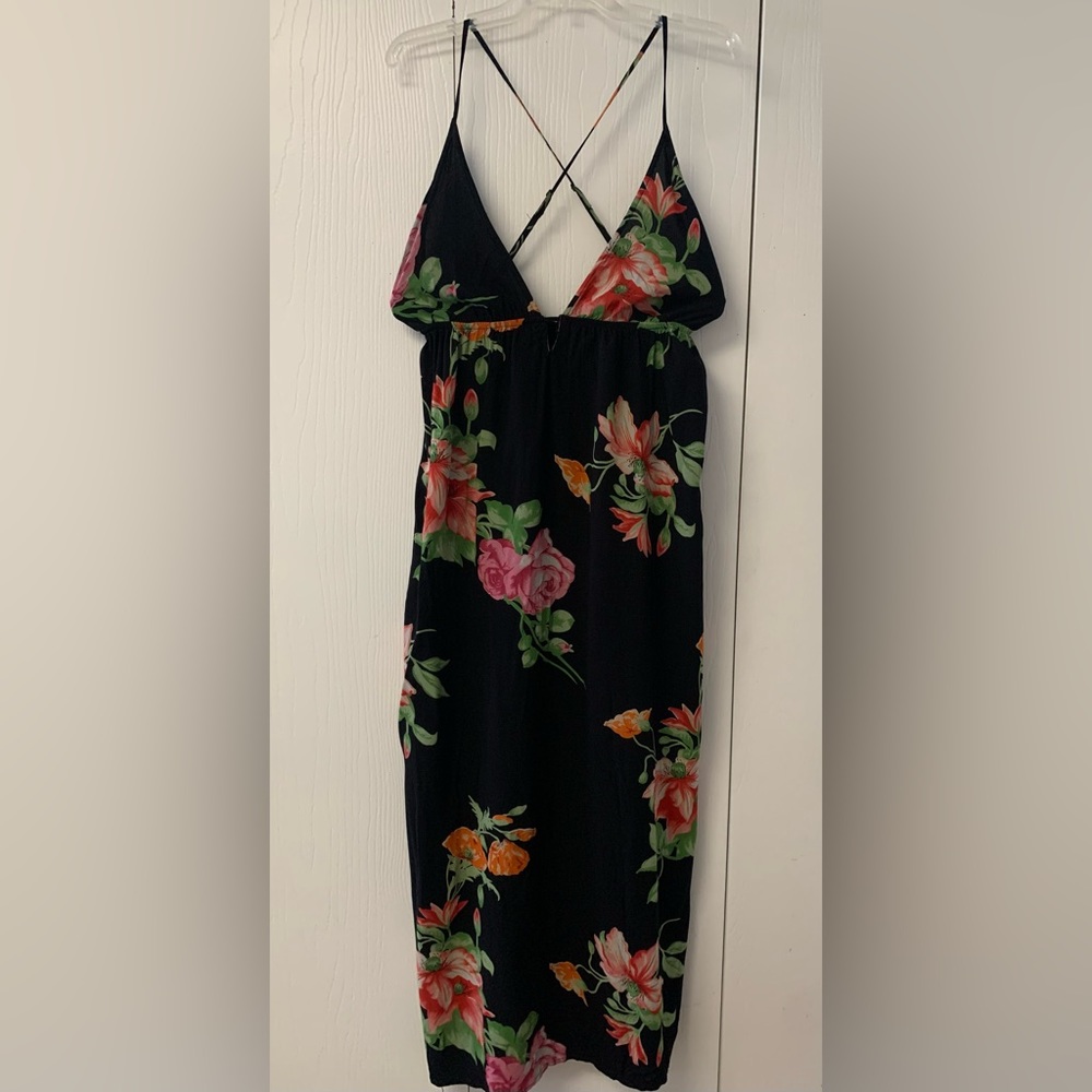 Long Maxi Sundress Backless Black with Floral Print Size Small